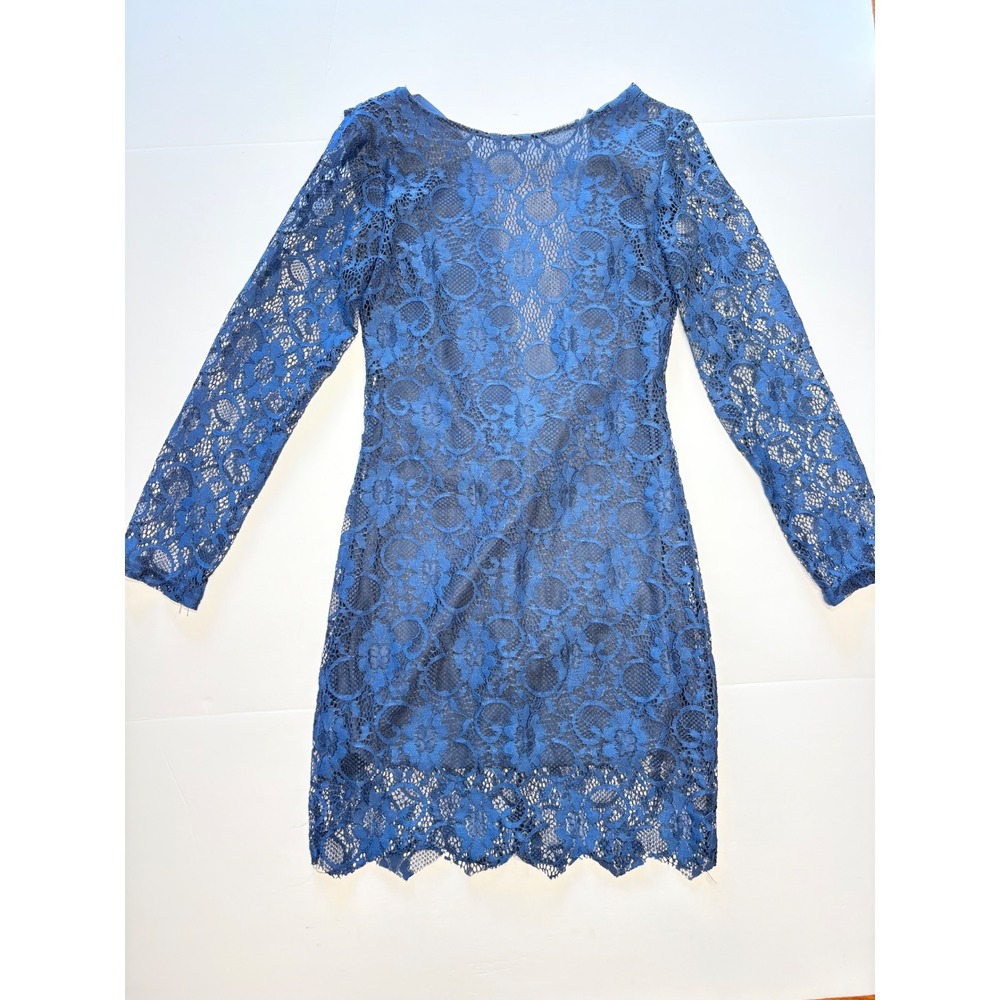 Blue Floral Lace Long Sleeve Mini Dress Womens Small Low Draped Back Scalloped